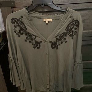 Democracy Olive Button-Down Top with Black Embroidery